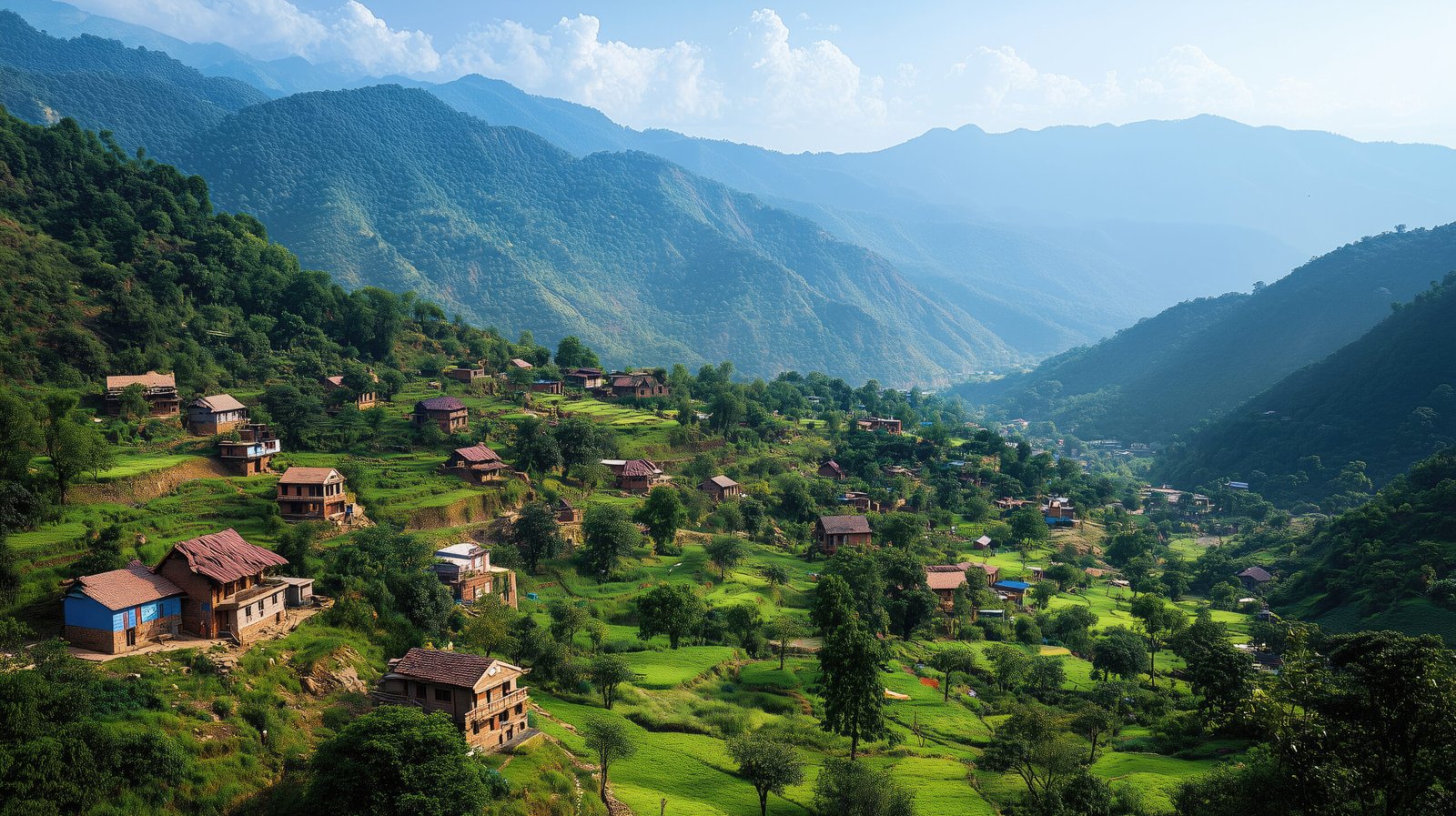 Photograph of indian village, from above, with green mountains in the background and home on the mountainside, a wide-angle shot, blue sky, summertime, high-resolution photography. --ar 16:9 --stylize 250 --v 6.1 Job ID: 840d836b-748d-46da-bc3a-b19468b093ed