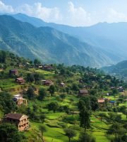 Photograph of indian village, from above, with green mountains in the background and home on the mountainside, a wide-angle shot, blue sky, summertime, high-resolution photography. --ar 16:9 --stylize 250 --v 6.1 Job ID: 840d836b-748d-46da-bc3a-b19468b093ed